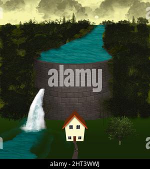 A house is located at the base of a very big dam that is leaking in this 3-d illustration about floods and flood insurance. Stock Photo