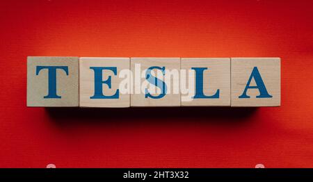 January 31, 2022. Austin, Texas. The name of the Tesla company, laid out from wooden cubes. Stock Photo