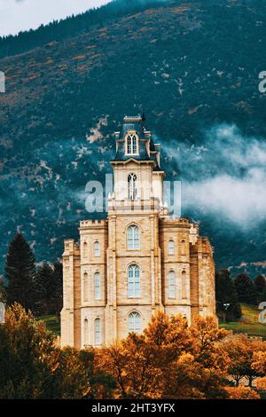 Vertical shot of the beautiful LDS temple in Manti, Utah Stock Photo