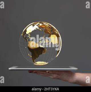 Person presenting the virtual projection of the world map with satellite data connections Stock Photo