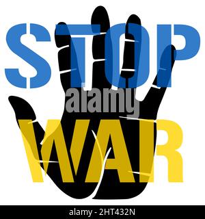 Stop War in Ukraine concept - children hand with text painted in national colors of the flag. Open palm gesture vector illustration. Save Ukraine from Stock Vector