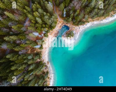 An aerial shot of the Eibsee in Bavaria, Germany in winter Stock Photo
