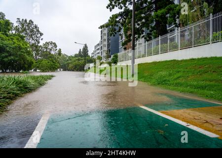 Brisbane, Australia - Feb 27, 2022: Roads flooded after the heavy rain in West End suburb, flood Stock Photo