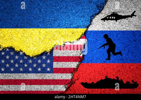Russia ,Ukraine and USA America Nato painted flags on a wall with a crack , war background concept Stock Photo