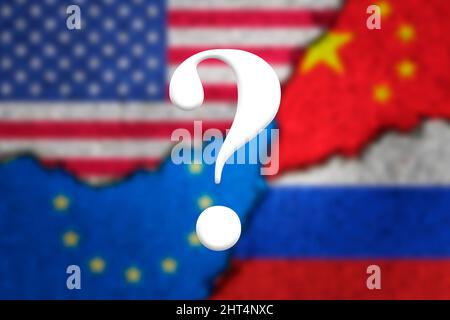 Russia ,Ukraine,usa, and europe Nato painted flags on a wall with a crack , war background concept Stock Photo