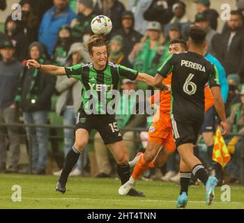 Austin, Texas, USA. February 26, 2022: Austin FC defender Kipp Keller (15) heads the ball during a Major League Soccer match on Feb. 26, 2022 in Austin, Texas. (Credit Image: © Scott Coleman/ZUMA Press Wire) Credit: ZUMA Press, Inc./Alamy Live News Stock Photo