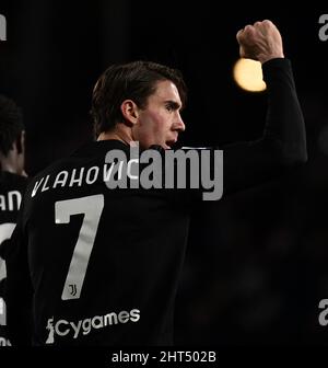 Empoli, Italy. 26th Feb, 2022. Juventus' Dusan Vlahovic celebrates his goal during a Serie A football match between Juventus and Empoli in Empoli, Italy, on Feb. 26, 2022. Credit: Federico Tardito/Xinhua/Alamy Live News Stock Photo