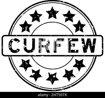 Grunge black curfew word with star icon round rubber seal stamp on white background Stock Vector