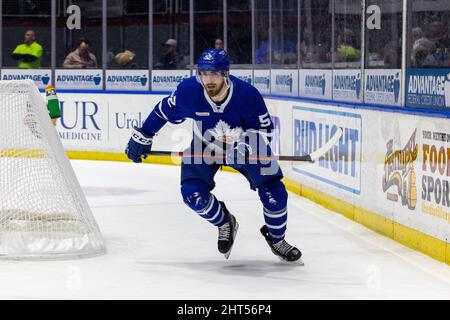 February 26, 2022: Toronto Marlies forward Jack Kopacka (52) skates in the  Rochester Americans zone in the third period. The Rochester Americans  hosted the Toronto Marlies on Defend the Ice Night in