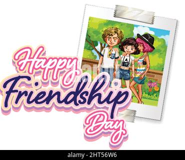 Happy Friendship Day logo with a photo of teenagers illustration Stock Vector