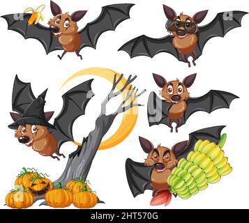 Set of different cute bats in cartoon style illustration Stock Vector