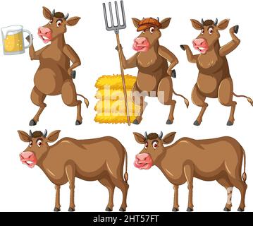 Set of different cute cows in cartoon style illustration Stock Vector