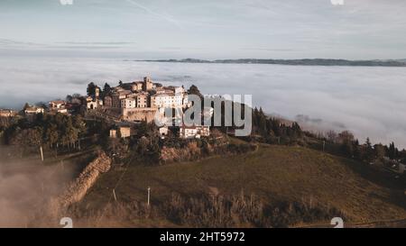 Aerial view of the medieval village of Piticchio di Arcevia in the province of Ancona in the Marche Stock Photo