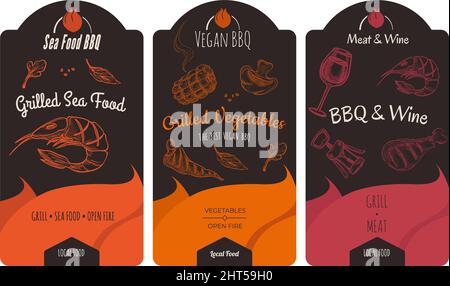 Grilled sea food, vegetables and bbq, wine drinks Stock Vector