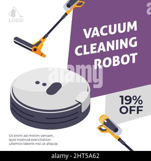 Vacuum cleaning robot, discounts and sales vector Stock Vector