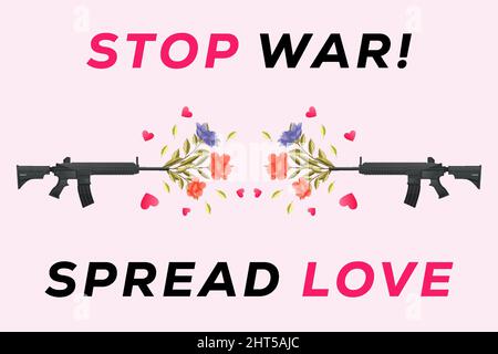 stop war, spread love with illustration poster banner campaign assault rifle fires flowers and love Stock Vector