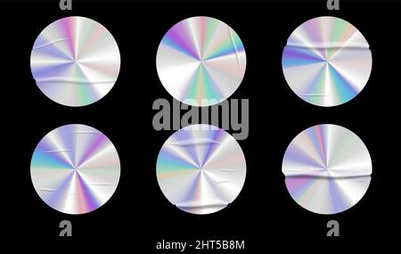 Holographic stickers with wrinkles set. Geometric shapes label with rainbow hologram. Vector elements for modern trend design. Stock Vector