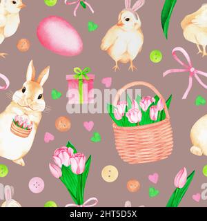Seamless Easter pattern. Tulip, eggs, chicken, bunny. Watercolor easter illustration. Isolated on a brown background. Stock Photo