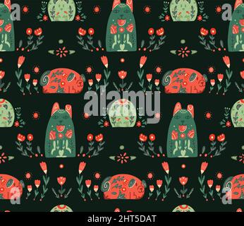 Seamless pattern with stylized dogs with folk ornaments and floral ornaments. Vector animalistic texture with various pet with a tribal boho decoratio Stock Vector
