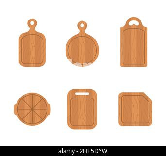 Set of wooden cutting boards. Kitchen tools of various shapes. Top view. Vector illustration in flat cartoon style Stock Vector