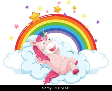 Pink unicorn lying on cloud with rainbow in cartoon style illustration Stock Vector