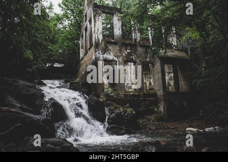 Beautiful view of the Carbide Willson Ruins and the waterfall in Gatineau, Quebec, Canada Stock Photo