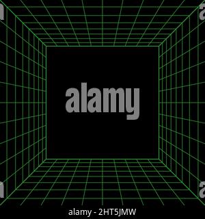 Wireframe perspective cube. 3d wireframe grid room. 3d perspective laser grid. Cyberspace black background with green mesh. Futuristic digital hallway Stock Vector