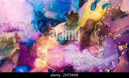 Abstract smudges and stains made with alcohol ink and golden pigment. Mixing acrylic paints. Contemporary fluid art. Luxury multicolored marble texture. Design wrapping paper, wallpaper. Stock Photo