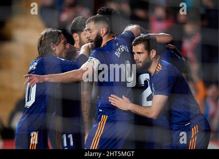 Madrid. 26th Feb, 2022. Real Madrid's players celebrate a goal during the La Liga match between Rayo Vallecano and Real Madrid in Madrid, Spain, Feb.26, 2022. Credit: Pablo Morano/Xinhua/Alamy Live News Stock Photo