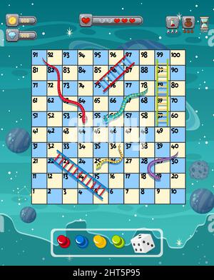 A snake ladder game template on space background illustration Stock Vector