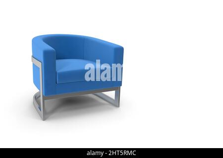 Angle shot of a light blue armchair with metallic construction. Stock Photo