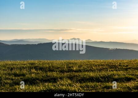 Morning view from Machnac hill summit in Biele Karpaty mountains in Slovakia near borders with Czech republic