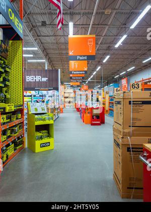 New Hartford, New York - Feb 21, 2022: Interior View of The Home Depot Departments, Sections, and Signs. Stock Photo