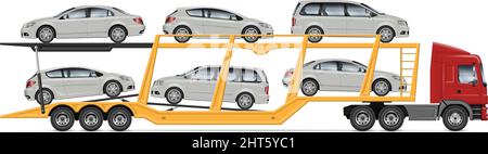 Car carrier truck vector mock-up. Side view of car-carrying trailer on white background for vehicle branding, advertising, corporate identity. Stock Vector