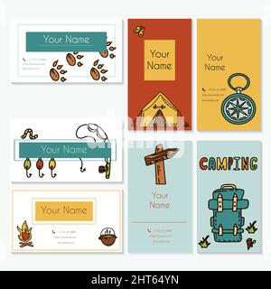 Doodle vector camping business cards. Sketch hiking Icons.Hand draw illustration for summer picnic in nature. Camping equipments Stock Vector