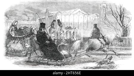 Sledging in Stockholm, [Sweden] - from an original drawing, 1850. '...scene from the Swedish metropolis...a young Diplomatist (a striking likeness) crossing the North Bridge in his sledge. The peasants on foot are from the province of Dalecarlia; and the whole presents a very characteristic scene of Swedish life'. From &quot;Illustrated London News&quot;, 1850. Stock Photo