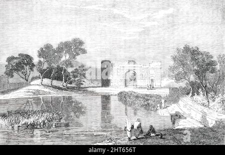 Husyn-Abdal, in the Punjab, [India] - from a sketch by G. T. Vigne, Esq., 1850. 'The charming scene...lies near the east bank of the Indus, and is so called from containing the tomb of a Mahometan saint of that name...It is situate in a delightful valley, watered by springs which gush from amongst the rocks...the glorious Akbar expressed the feelings excited in his mind on viewing the spot by exclaiming &quot;Wah!&quot; the usual interjection of admiration; hence the ruined garden is so named...Husyn-Abdal is on the high-road from Lahore to Attock. It is thus mentioned by Mr. Moore, in his exq Stock Photo