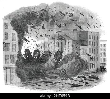 Explosion of a Steam-Boiler in Hague-Street, New York, 1850. Scene showing the '...explosion of a boiler of a steam-engine in a machine shop, crushing the building...into a vast mass of ruins in less than one minute. About fifty persons, it is said, were killed and sixty wounded, by this awful catastrophe, the building being occupied by several workmen... the whole building, which was six stories in height, was actually lifted from its foundation to a height of six feet and, when it reached that elevation, it tumbled down, crushing in its ruins a vast number...Immediately after the explosion, Stock Photo