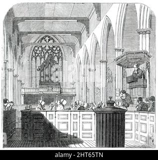 Tercentenary Service at the Dutch Church, Austin Friars, [London], 1850. Scene of the '...Commemoration in the Dutch Church at Austin Friars, an edifice of very interesting antiquarian history, and belonging to the house of Augustine Friars founded by Humphrey Bohun, Earl of Hereford and Essex, in the year 1243...Henry VIII., at the Dissolution, bestowed the house and grounds on William Paulet, first Marquis of Winchester; hence Winchester-street adjoining. The Church, reserved by the King, was granted by his son &quot;to the Dutch nation in London, to be their preaching place;&quot; and to th Stock Photo