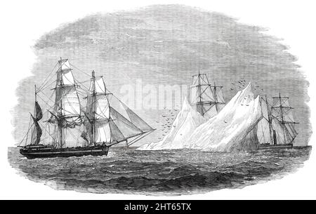 Arctic Expedition in Search of Sir John Franklin - First Iceberg Seen, June 3, 1850. Sketch by '...a Lieutenant of the Assistance...The iceberg was about 70 feet in height...During the still night, whilst lying at anchor, the crew often heard the report of icebergs splitting, with the sound of an earthquake....extract from a private letter, written by an officer of the US brig Advance, off St. John's, Newfoundland: &quot;Yesterday we made the southern cape of Newfoundland, and at the same time fell in with several icebergs; we have continued to meet them since, and now have at least twenty in Stock Photo