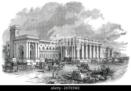 The Great Central Railway Station at Newcastle-Upon-Tyne, 1850. '...on the 30th of July last, his fellow-townsmen and friends entertained [British engineer Robert Stephenson] at a banquet, to which upwards of 400 persons sat down, in the new Great Central Railway Station...[at Neville-street]'. The exterior '...is unusually picturesque. Its lofty open arches, its coupled bold Roman-Doric columns and stylobate, and its cleverly panelled attic (where it is proposed to place colossal statues) are very effective features of this grand architectural composition by Mr. Dobson...'. The station opened
