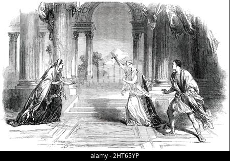 Scene from Racine's &quot;Phedre&quot;, 1850. 'Oenone, Madame Croisnier; Phedre, Mdlle. Rachel; Hipplyte, M. Raphael The celebrated actress Mdlle. Rachel will commence a short engagement [at St James' Theatre, London]...Her opening part will be that of Phedre, in Racine's celebrated tragedy of that name'. From &quot;Illustrated London News&quot;, 1850. Stock Photo