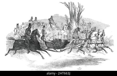 The Royal Sleigh, 1850. Queen Victoria and family travelling during the winter. 'The Sketch of the curricle carriole - in which are her Majesty and two of the Royal children - driven by Prince Albert, upon the principle familiar to the dwellers in London since the introduction of Hansom's cabriolet, proves that a sleigh placed upon low runners may, nevertheless, be so constructed as to be divested of all inconvenience or inelegance...Her Majesty possesses three sleighs, or sledges, which are now at Windsor'. From &quot;Illustrated London News&quot;, 1850. Stock Photo