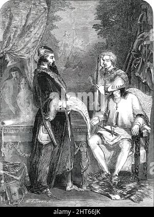 Exhibition of the National Institution - No. 45., &quot;Galliotti, the Astrologer, shewing Louis XI. the First Specimen of Printing&quot; - painted by R. S. Lauder, R.S.A., 1850. An engraving of '...one of the best pictures - perhaps the finest in the collection...at the Portland Gallery, Regent-street [London]...one of Mr. R. S. Lauder's seven contributions...The scene is from the following passage in Scott's &quot;Quentin Durward&quot;: &quot;You are engaged, father&quot;, said the King, &quot;and, as I think, with this new-fashioned art of multiplying manuscripts by the intervention of mach Stock Photo