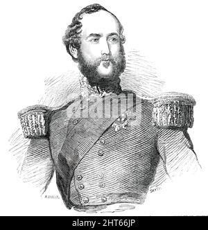 His Royal Highness George William Frederick Charles, Duke of Cambridge, K.G., G.C.H., &amp;c., from a picture by Mr. Crowley, 1850. Portrait of '...a Major-General in the Army, General Commanding in the Dublin District, and Colonel of the 17th Lancers..the only son of Adolphus-Frederick, the late Duke of Cambridge, by the Princess Augusta-Wilhelmina-Louisa his wife...The Peerage honours his Royal Highness inherits are the Dukedom of Cambridge, the Earldom of Tipperary, and the Barony of Culloden, which were conferred on the late Duke, then Prince Adolphus Frederick, by his father, King George Stock Photo