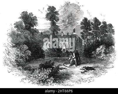 Rydal Mount: the Residence of Mr. Wordsworth, from an original drawing, 1850. Gardeners scything the lawn at the home of poet William Wordsworth, between Ambleside and Keswick in Cumberland, (now Cumbria). He lived at Rydal Mount from 1813 until his death in 1850. 'The Mount is...&quot;a lovely cottage-like building, almost hidden by a profusion of roses and ivy&quot;; and the view from the grassy mound in front of his house is very fine. Loughrigg Fell is seen immediately in front, with Nab Scar rising behind. There are several terraces at the back, from which the view becomes beautifully ext Stock Photo