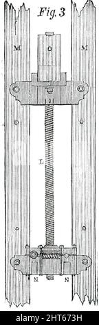 The Victoria Tower - Elevation of the Hoisting-Screw, 1850. 'Progress of the New Houses of Parliament...M M being the guide-posts, which are 12 inches in diameter; and Q is the end of one of the main trusses. L is the screw itself, 3&#xbd; inches diameter; N N the screw-nut and carriage. The screw is acted upon by means of a winch; and, when the advanced state of the masonry renders it necessary to hoist the platform, the nuts and carriages are removed higher up the guide-posts; then the screws are worked up, carrying with them the platform, steam-engine, travellers, and everything upon them; Stock Photo