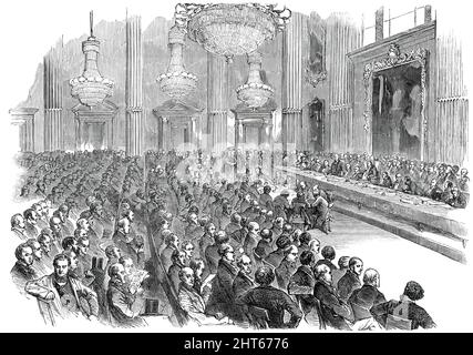 The Great Exhibition of Industry, 1851 - Meeting at the Mansion-House, 1850. '...a meeting of the merchants, bankers, and traders of the city of London was held at the Egyptian Hall...for the purpose of taking into consideration certain resolutions having in view the promotion of the grand Exhibition in 1851 of the Industry of all Nations...The Lord Mayor...explained that he called the meeting at the request of the Royal Commissioners, in order that a subscription might be commenced to carry out the magnificent project of his Royal Highness Prince Albert for an exhibition of the works of indus Stock Photo