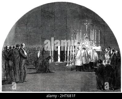 Funeral of Louis-Philippe: the &quot;Chapelle Ardente&quot;, at Claremont, 1850. The body of former French king Louis Philippe I lies in state at Claremont, his home in Surrey. 'Soon after Louis Philippe became the occupant of Claremont, a temporary chapel was formed for celebrating the services of the Roman Catholic church...In the centre of the chapel a platform was raised, ascended by two steps, each about half a foot in height, upon which was placed, on trestles, the coffin containing the body of the ex-King. The coffin was surrounded by twenty-four lighted wax tapers, and was covered by a Stock Photo