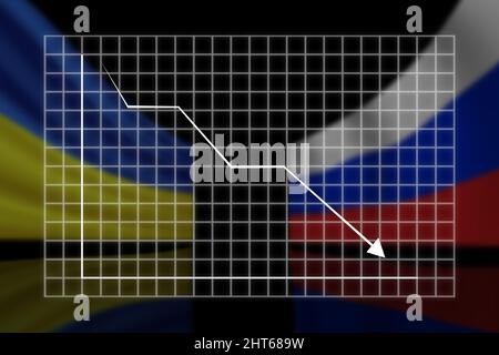 graph of the fall against the background of the flags of Ukraine and Russia . Stock Photo